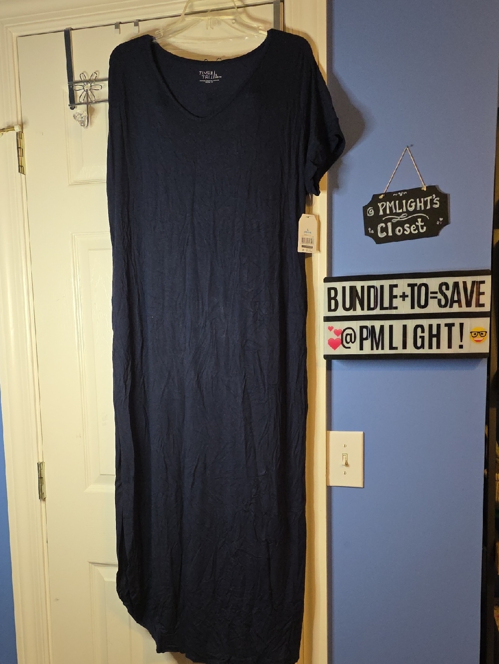 Time and Tru Dark Blue V-Neck Maxi Dress Large Short Sleeve New